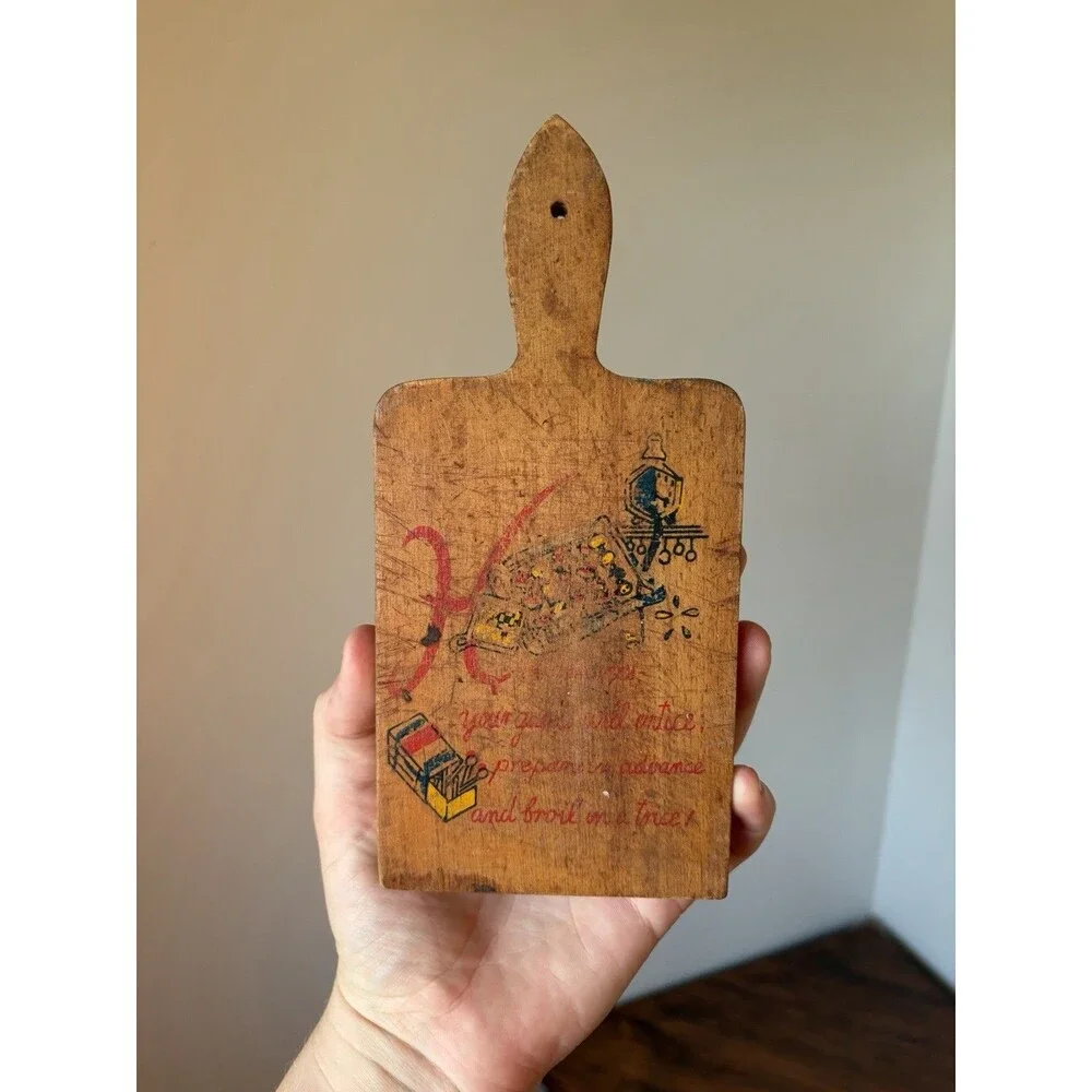 Small Vintage Wooden Cutting Board w/ Handle, Hanging Hole, Printed Novelty